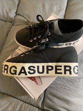 Superga Black Canvas Platform Sneakers with Branded White Sole